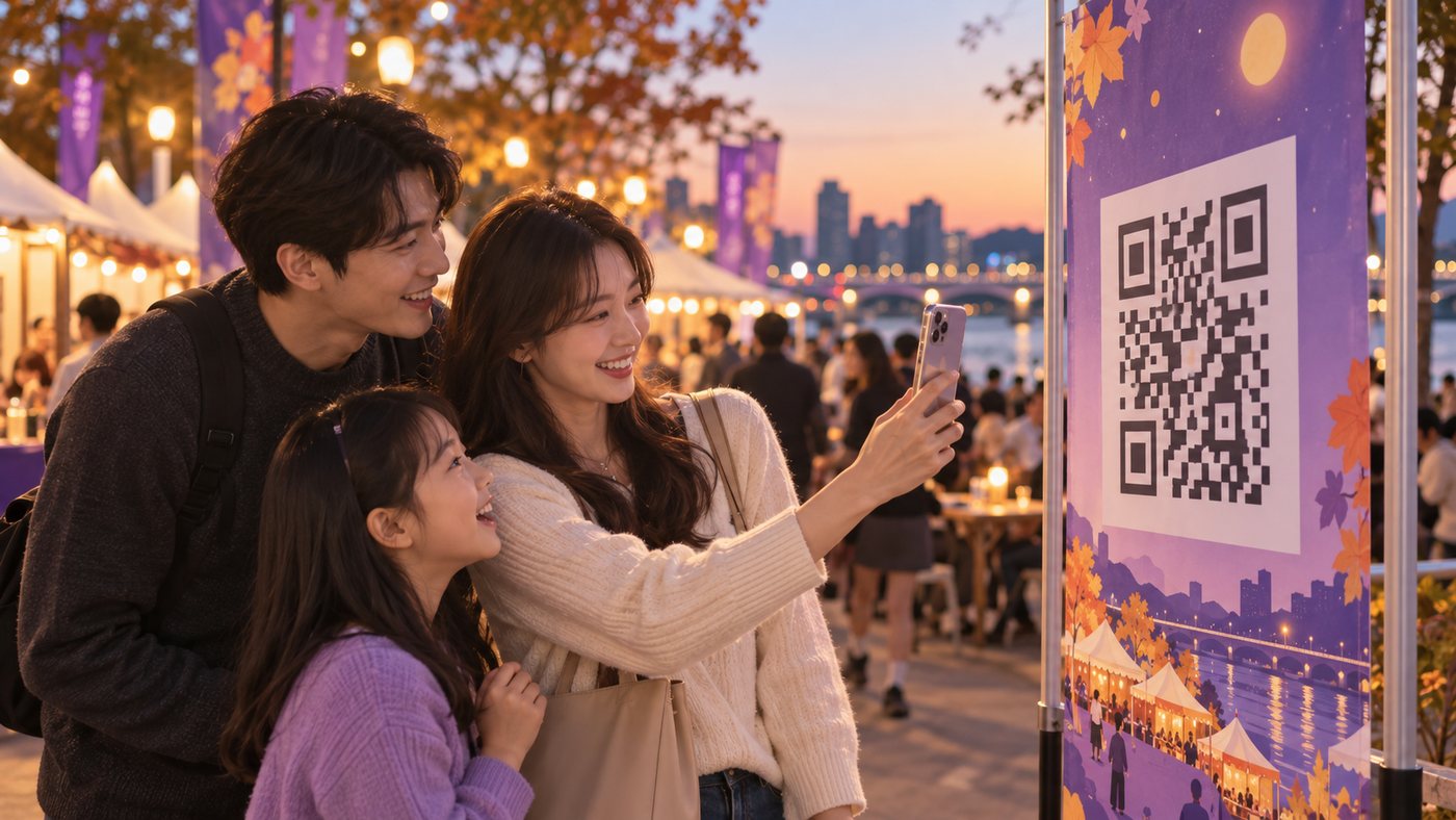 지역 축제 현장에서 가족이 배너의 QR을 스캔하는 모습