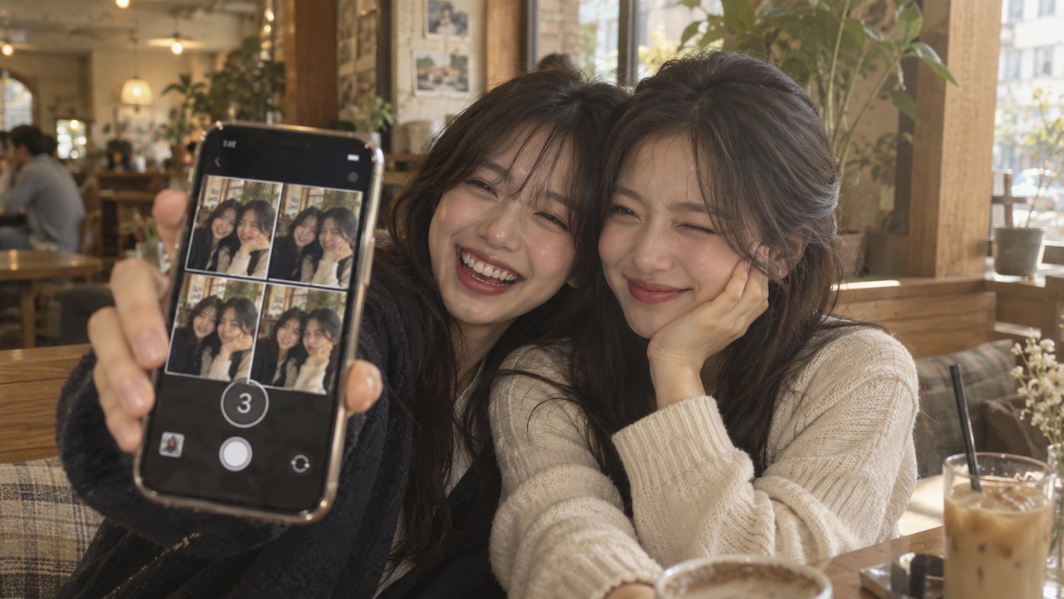 카페에서 친구 두 사람이 폰을 들고 네컷을 찍는 모습. 화면에 카운트다운과 네 칸 프레임이 보인다