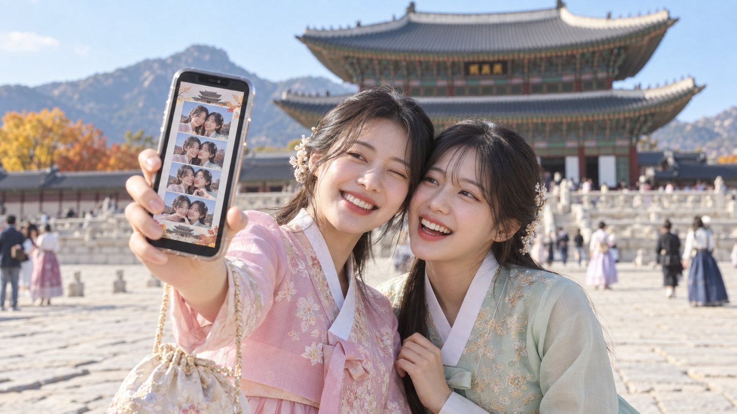 경복궁에서 한복을 입고 폰으로 네컷을 찍는 모습