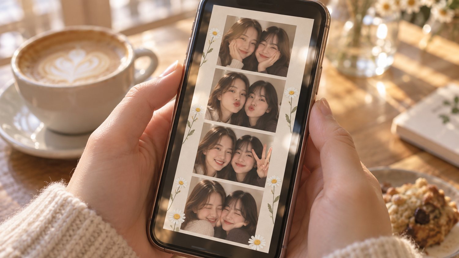 완성된 네컷이 뜬 폰을 두 손으로 들고 있는 모습